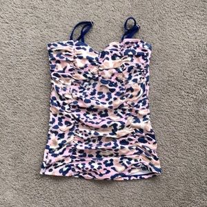 NWOT Lime Ricki Shirred Blue/Pink Leopard Tankini Top S